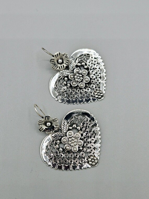 Taxco Mexico 925 Sterling Silver Earrings Heart Filigree Floral Design Handmade Artisan Jewelry