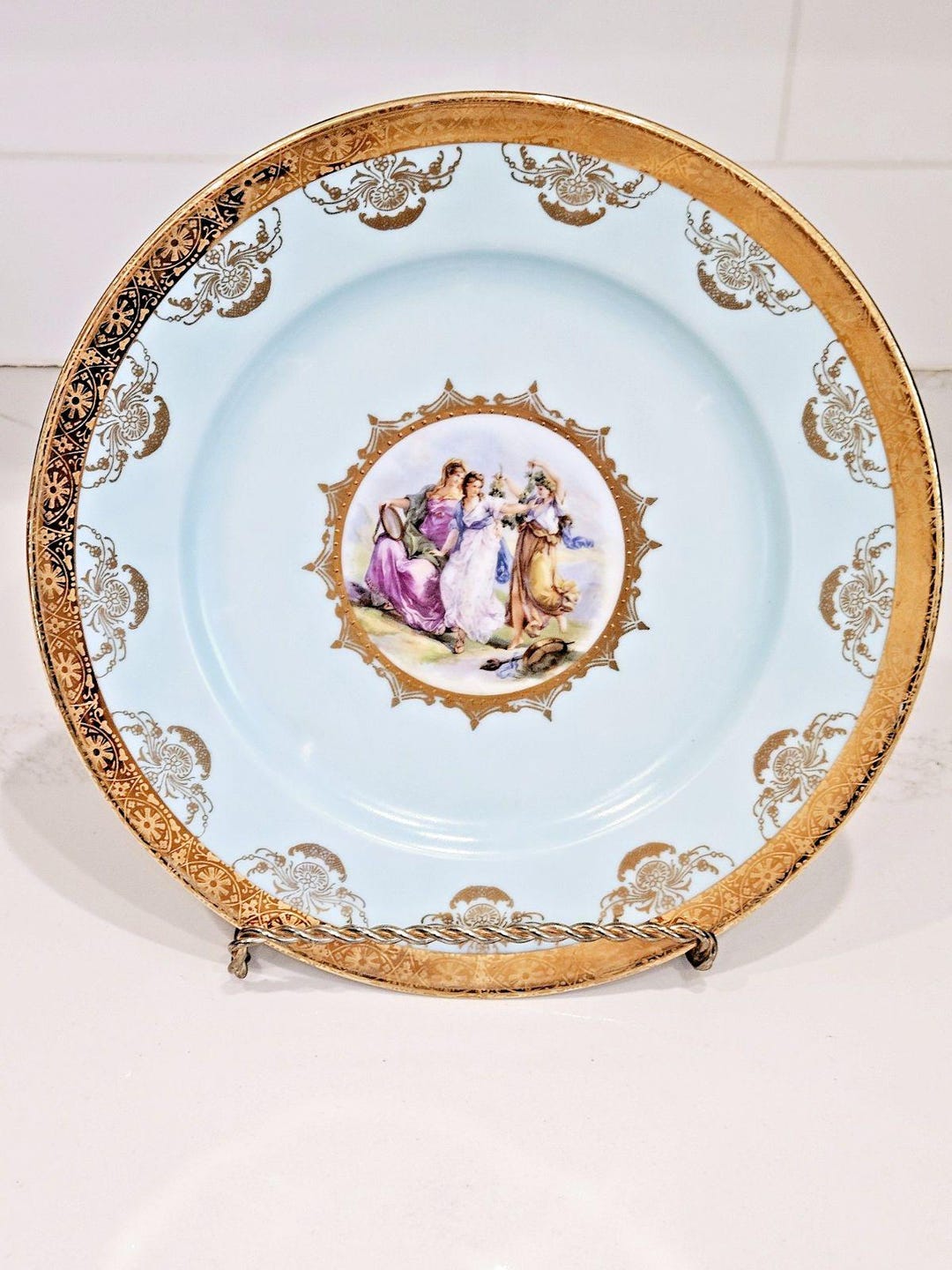 Antique JKW Western Germany 10.5" Porcelain Plate Blue Gold Rococo ...