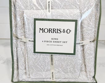 Ensemble de draps Morris Co pour très grand lit, percale de coton, draps botaniques, cadeau de décoration de chambre à coucher vert sauge, vert sauge