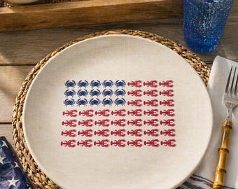 Juego de platos de langosta, platos patrióticos, decoración costera, vajilla de verano, platos para casa de playa, decoración del 4 de julio, platos de cena de cangrejo, juego de melamina