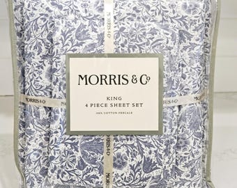 Morris Co King Sheet Set Blue Floral Bedding Cotton Percale English Garden Cottagecore Bedroom Decor Gift Luxury Bed Sheets Set