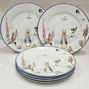 May include: A set of white ceramic plates with a blue rim, featuring illustrations of Peter Rabbit, flowers, and butterflies. The plates are stacked, with two larger plates behind them.