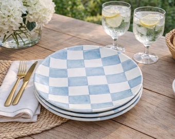 Blue White Check Melamine Plates Set of 4 Picnic Plates Patio Tableware Cottage Kitchen Farmhouse Dining Summer Plates