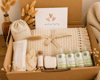 Self Care Gift Box, Cozy Blanket, Handcrafted Candle Holder, Olive Oil Spa Set