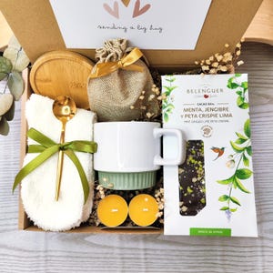 Verwöhn-Geschenkbox mit handgemachter spanischer Schokolade für sie, Stressabbau-Geschenk, gemütlicher Entspannungs-Geschenkkorb, Selbstpflege-Box fertig zum Verschenken