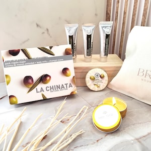 Travel Spa Gift Set for her with Antiage Hand cream, Soap & Body Lotion with organic extra virgin olive oil, Travel Gift Kit, Ready to gift