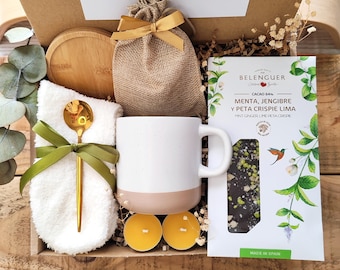 Self-care gift box for her with artisan chocolate & minimal ceramic mug, hygge self care gift box for your bestie, cozy get well soon gift