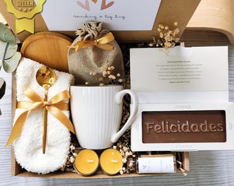 Birthday Gift Box for her with ARTISANAL Bar Milk chocolate & elegant ceramic mug, Hygge self care box for her, Thinking of you gift.