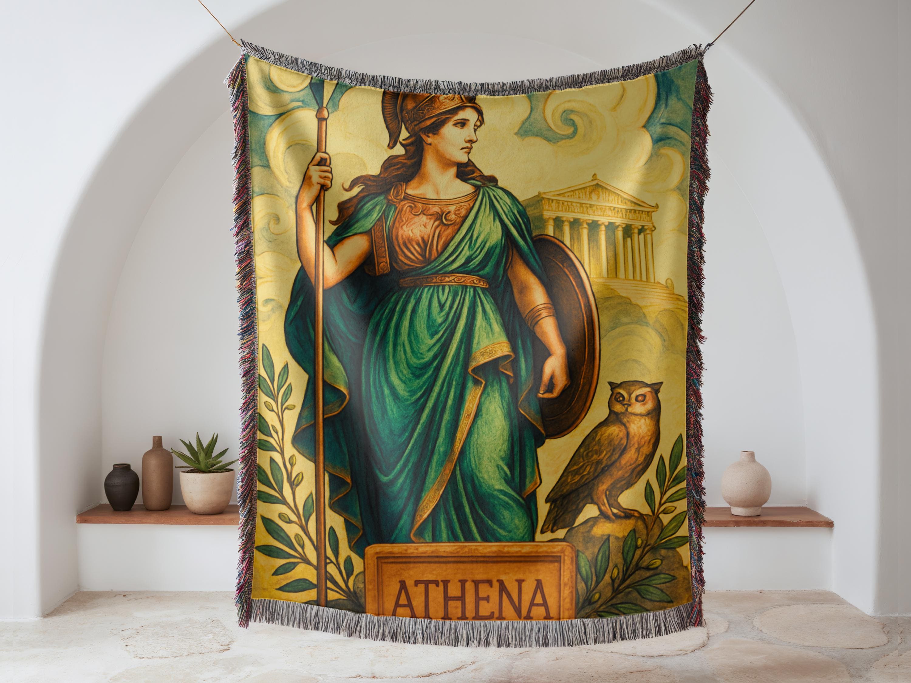 Athena Blanket Mythology Woven Tapestry Throw, Greek Goddess Home Decor, Mythological Gift, Wisdom &