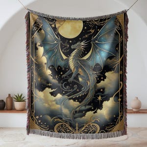 Black Wyvern Blanket – Abraxos Throne of Glass Inspired Woven Throw, Gothic Fantasy Dragon