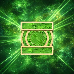 Può includere: Un emblema verde con cornice dorata con un design a spirale centrale e due pannelli rettangolari verdi. L'emblema è posto su uno sfondo cosmico verde vibrante con raggi di luce radianti, creando un effetto visivo dinamico e accattivante.