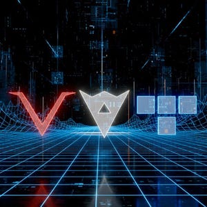 Puede incluir: Arte digital con un paisaje futurista en forma de cuadrícula con líneas azul neón. La imagen muestra una 'V' roja, un triángulo blanco estilizado y cuatro cuadrados azules, todo sobre un fondo oscuro, evocando tecnología y datos.