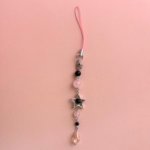 Pink Rose Quartz and Black Star Phone Charm