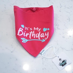 Puede incluir: Un pañuelo rosa brillante para perros con el texto "It's My Birthday" en blanco, con una flecha y corazones celeste. El pañuelo tiene un cierre de botón y una etiqueta adjunta con un logotipo.