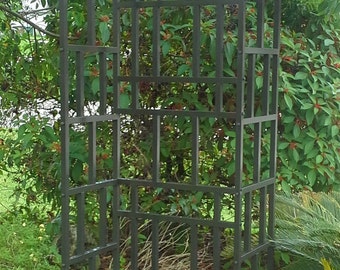 May include: A black metal garden trellis with a square grid pattern. The trellis is standing in a garden setting with green plants and brown mulch.