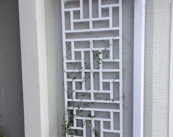 May include: A white, geometric trellis mounted on a light gray wall. The trellis has a rectangular shape with a repeating pattern of squares and rectangles. Green vines are growing through the trellis, adding a natural element to the design.