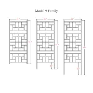 May include: Line drawing of three Model 9 Family room dividers. The dividers are 31 inches wide and have heights of 75, 84, and 94 inches. The dividers have a geometric pattern.