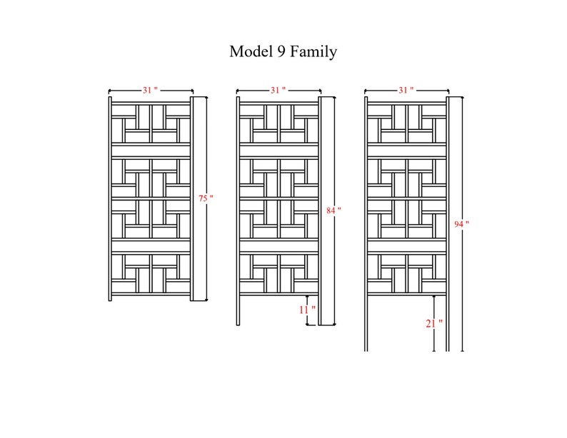 May include: Line drawing of three Model 9 Family room dividers. The dividers are 31 inches wide and have heights of 75, 84, and 94 inches. The dividers have a geometric pattern.