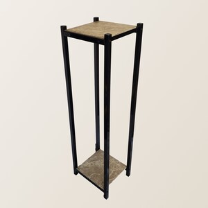 May include: A tall, black metal plant stand with a square top and a lower shelf. The top and shelf have a textured, light brown surface. The stand is designed with a minimalist aesthetic, suitable for displaying plants or decorative items.