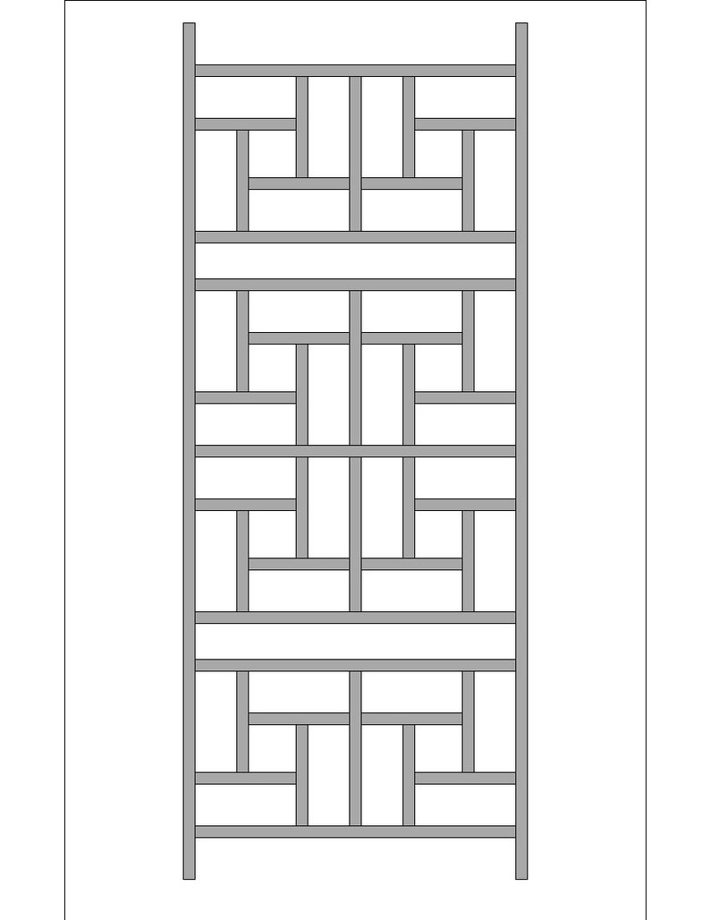 May include: A rectangular, gray, geometric design with a grid-like pattern. The design features a series of horizontal and vertical lines that intersect to create rectangular and square shapes. The overall aesthetic is minimalist and symmetrical.
