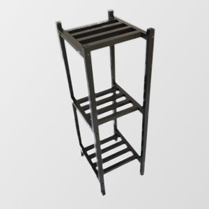 May include: A black metal plant stand with three rectangular shelves. The stand is made of square metal tubing and has a minimalist design. The shelves are supported by horizontal metal bars.