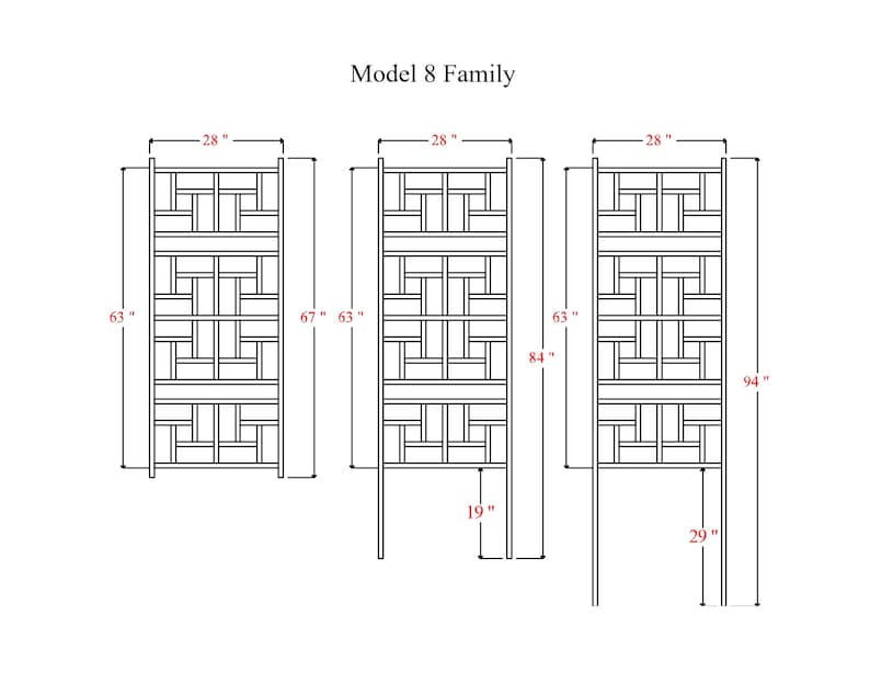May include: Line drawing of three decorative screens labeled "Model 8 Family." The screens are rectangular with a geometric pattern. Measurements are provided: 63" and 67" tall, 28" wide, and 19" and 29" base lengths.