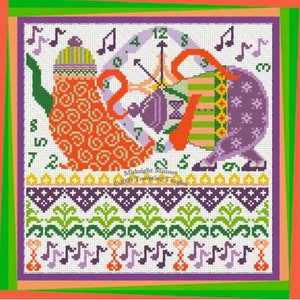 Peut inclure: Une broderie au point de croix colorée représentant une théière, une horloge et des notes de musique. La théière est orange avec un motif, et l'horloge a un cadran violet. Le design comprend le texte "Midnight Minuet ©2009 Tempting Tangles."