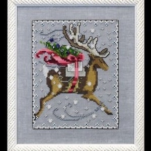 May include: A brown reindeer with antlers pulls a sleigh full of wrapped gifts with a pink ribbon. The reindeer is running through a snowy scene with snowflakes in the background.