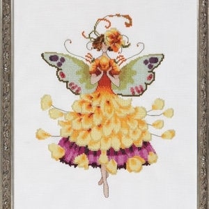 May include: Cross-stitch artwork of a fairy with a yellow and purple floral dress, green and purple butterfly wings, and a floral headdress. The artwork is framed in a silver-colored frame.
