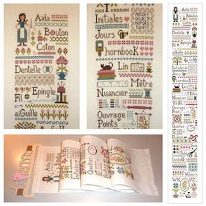 May include: A collection of cross-stitch patterns on fabric, featuring floral and geometric designs, along with French text and illustrations of sewing tools and figures. The patterns are displayed in a collage of images.