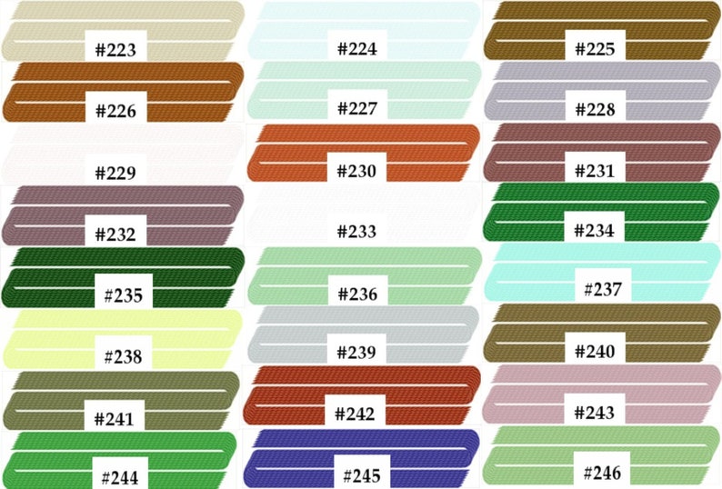 May include: A color chart with 24 different shades of color, each labeled with a number. The colors range from light beige to dark green.
