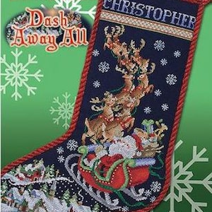 May include: A blue Christmas stocking with a red trim and the name "CHRISTOPHER" embroidered on it. The stocking features a scene of Santa Claus in his sleigh being pulled by reindeer against a starry night sky. The text "Dash Away All" is visible in the top left corner.
