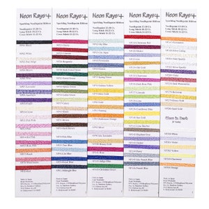 May include: A color chart of 100 different shades of embroidery floss, labeled with their corresponding numbers and names. The floss is arranged in columns by color family, with each column labeled with the brand name "Neon Rays+". The chart is made in Japan and includes information about the materials and the manufacturer.