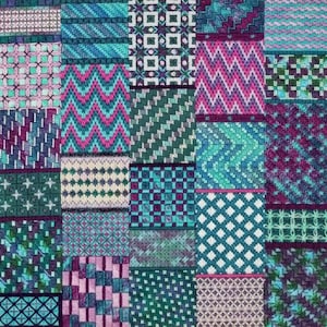 May include: A colorful patchwork quilt with a variety of geometric patterns in shades of teal, purple, pink, and white.