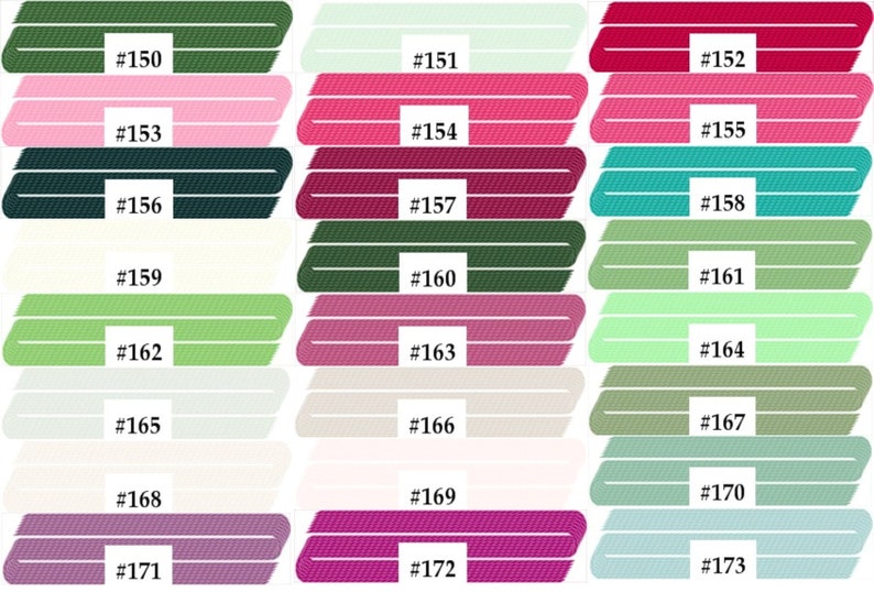 May include: A color palette chart with 24 different shades of green, pink, white, and blue. Each color is labeled with a number from 150 to 173.