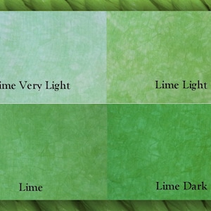 May include: Four squares of fabric in different shades of green, from very light to dark. The squares are labeled "Lime Very Light", "Lime Light", "Lime", and "Lime Dark".
