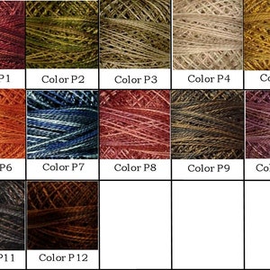 May include: A color chart of 12 different embroidery floss colors, including red, green, brown, blue, orange, and black. The floss is wound around spools and labeled with the color number.