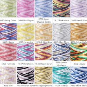 May include: A collection of 15 spools of colorful embroidery floss, each with a unique color combination and name. The floss is arranged in a grid pattern, with each spool labeled with a number and name.