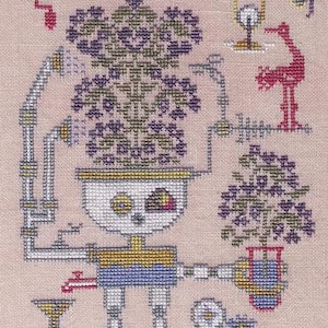 May include: A cross-stitch pattern featuring a whimsical robot with a flower pot on its head, holding a martini glass. The robot is surrounded by plants and other whimsical details.