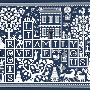 May include: A white cross-stitch design on a blue background with the words "Little Family Loves Us" and a variety of images including a house, trees, birds, and a hot air balloon.
