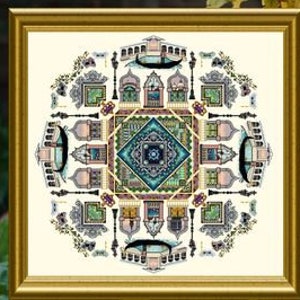 Peut inclure: Un motif de mandala coloré avec des détails complexes de bâtiments, de jardins et de motifs géométriques. Le motif est encadré dans un cadre doré.
