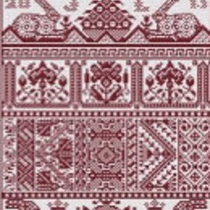 May include: A collection of red and white embroidery patterns featuring various designs, including flowers, butterflies, geometric shapes, and animals. The patterns are arranged in rows and columns, creating a visually appealing and intricate design.