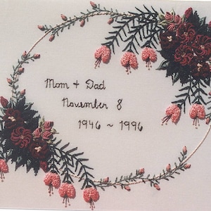 May include: Embroidered floral wreath with pink and red flowers, green leaves, and the text "Mom & Dad November 8 1946 ~ 1996".