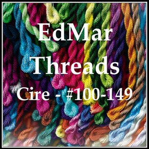 May include: A close-up of a variety of colorful embroidery floss spools, with the text "EdMar Threads Cire - #100-149" visible.