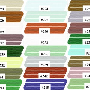 May include: A colour chart with 24 different shades of colour, each labelled with a number. The colours range from light beige to dark green.