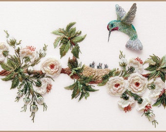 English Rose &Hummingbirds Brazilian embroidery kit #1606 - EdMar threads/choose fabric color