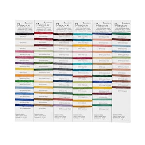 May include: A color chart of 75 different shades of embroidery floss, labeled with their corresponding color names and numbers. The floss is arranged in rows of 7 colors, with each row representing a different color family. The chart is printed on a white background with black text.