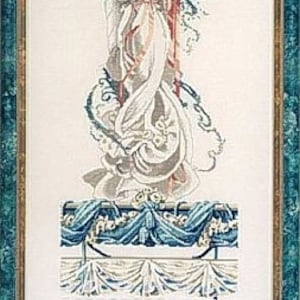 May include: A cross stitch pattern featuring a white angel with a blue and white floral design. The angel is standing on a blue and white platform with a white and blue garland below.