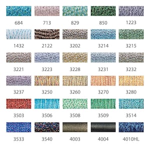 May include: A chart of 25 different colors of embroidery floss, with each color labeled with a number. The colors range from light to dark, and include shades of blue, green, brown, red, and gray.