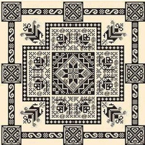 May include: A square, cream-colored textile with a complex black and white geometric pattern. The design features repeating square and rectangular motifs, with intricate cross-stitch-like details. The central design is a diamond shape with a star in the middle.